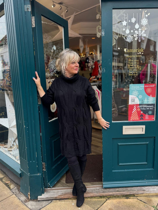 Jennifer Roll Neck Cable Jumper Dress - Black Or Burgundy