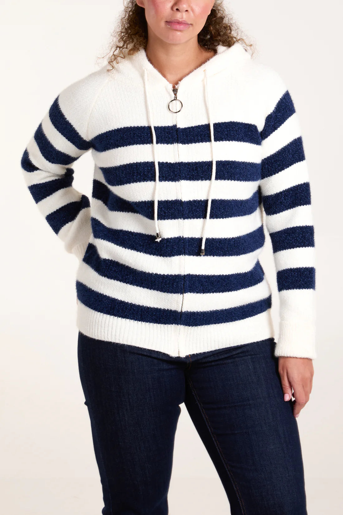 Navy Striped Knitted Zip Up Hoodie