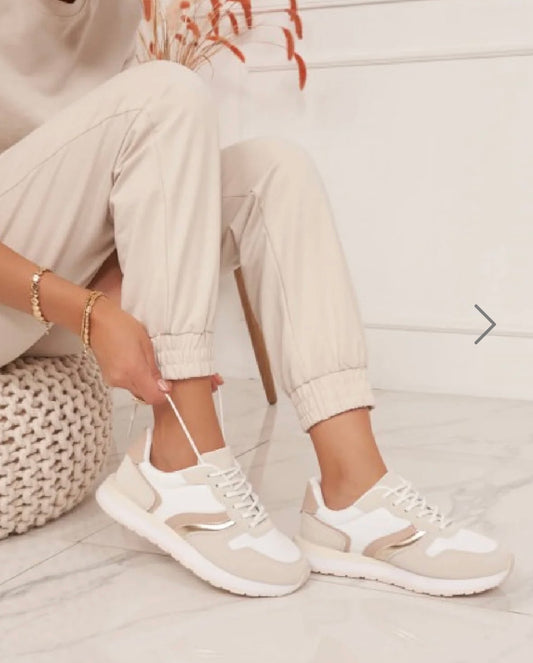 Buffy White, Beige & Gold Trainers