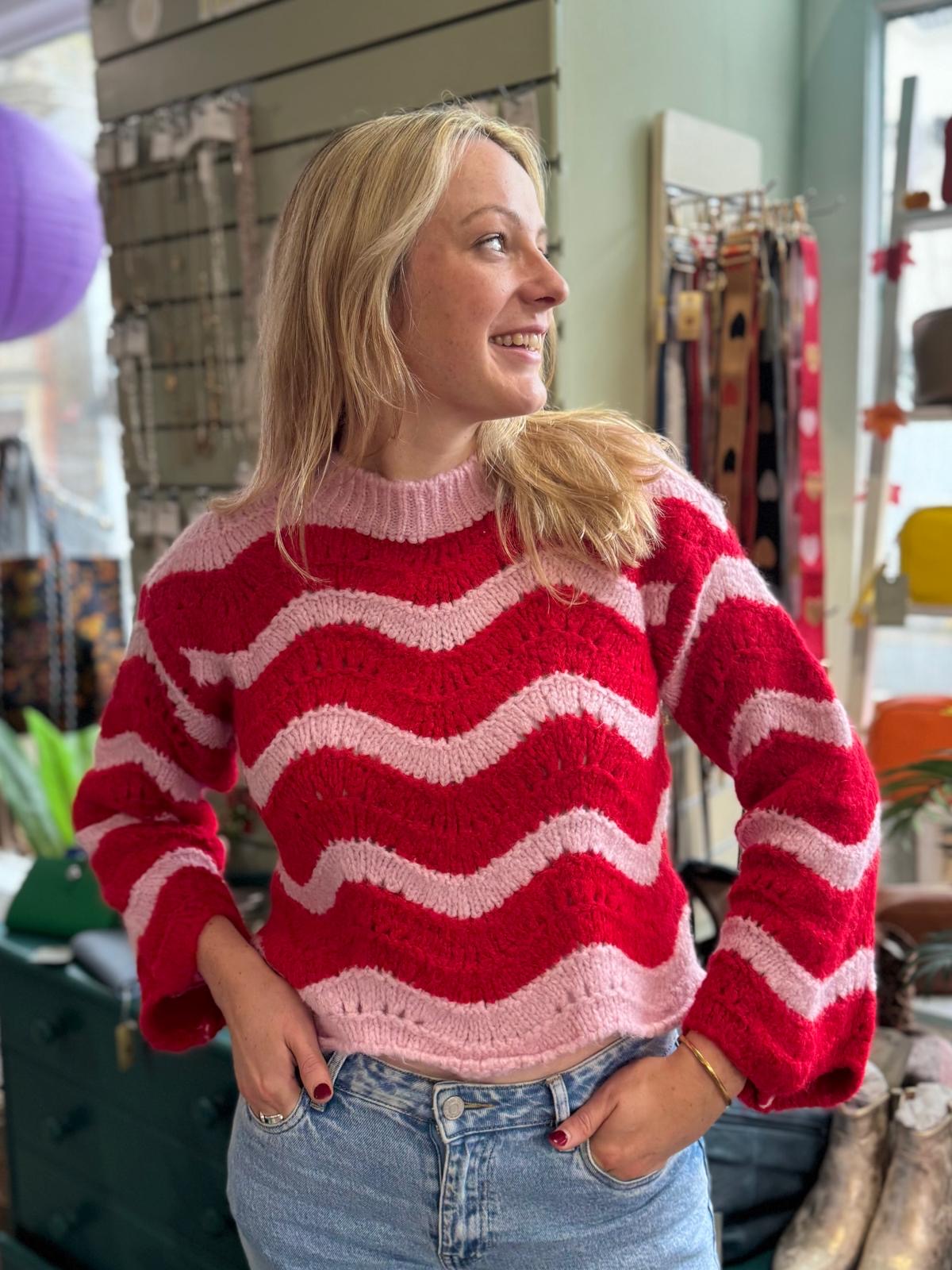 Kerstin Wool Blend Pointelle Wave Jumper - Red & Pink Or Pink & Yellow