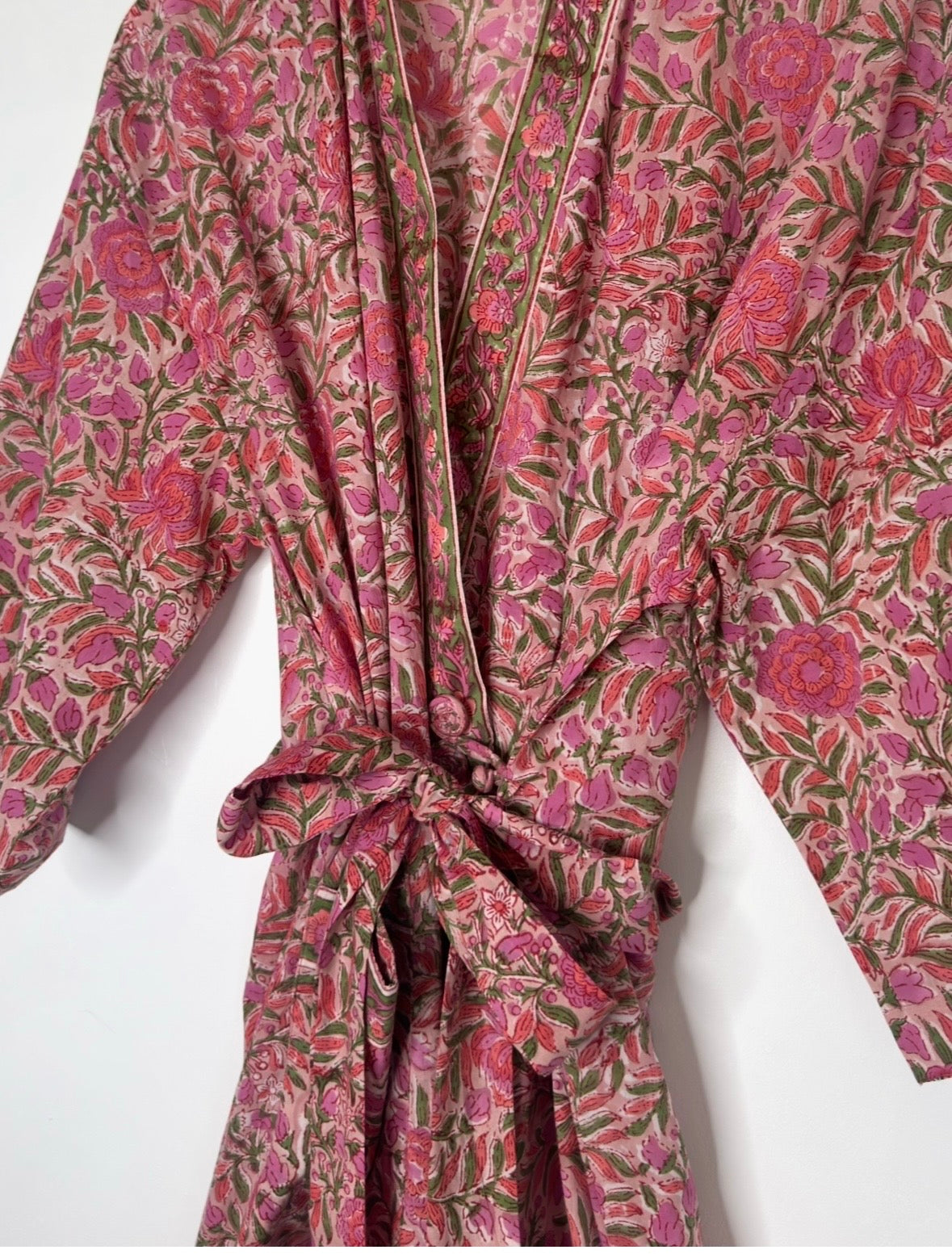 Tamarisk Bazaar Luxury Hand Printed Indian Cotton Robe Dressing Gown - Pink Floral