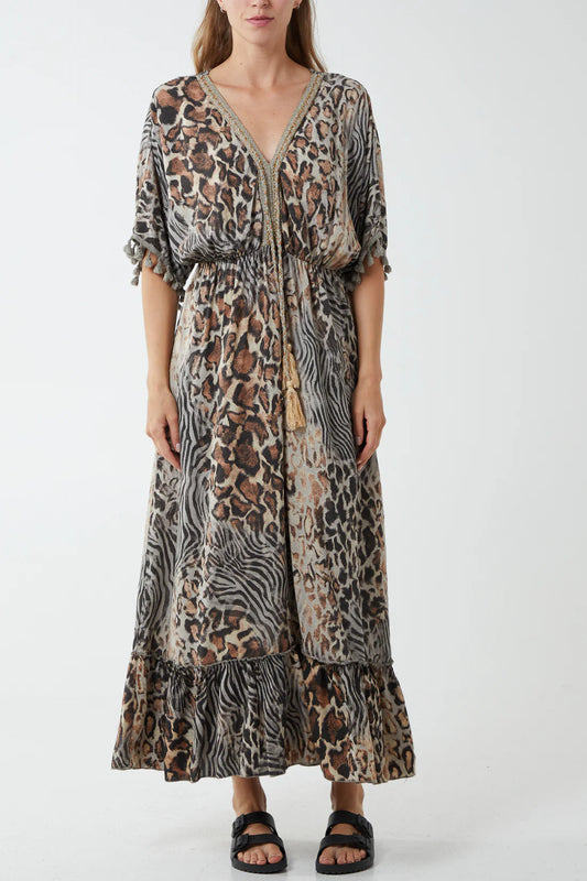 Beatrice Mixed Animal Print Midi Dress - Neutral Beige