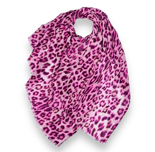 Cerise Pink Leopard Print Rectangular Cotton/ Viscose Blend Scarf