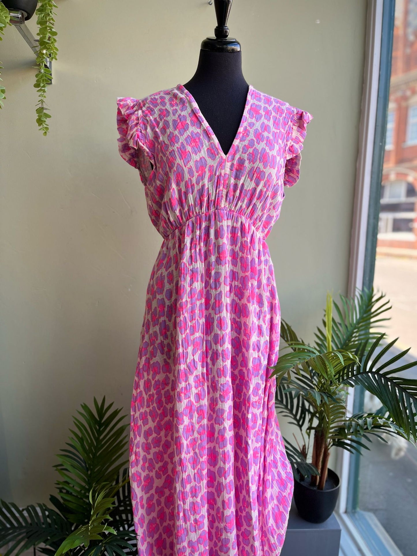 Anna Frill Sleeve Leopard Print Cheesecloth Maxi Dress - Pink Or Orange