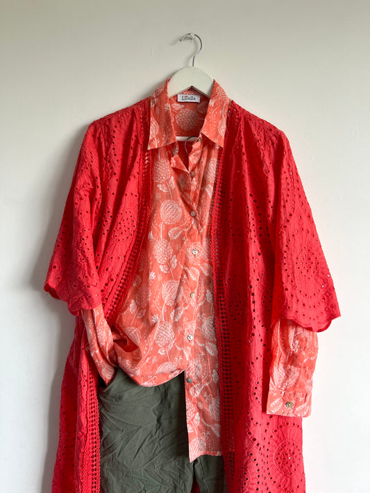 Bernie Broiderie Anglaise Cotton Kimono - Coral Or Navy