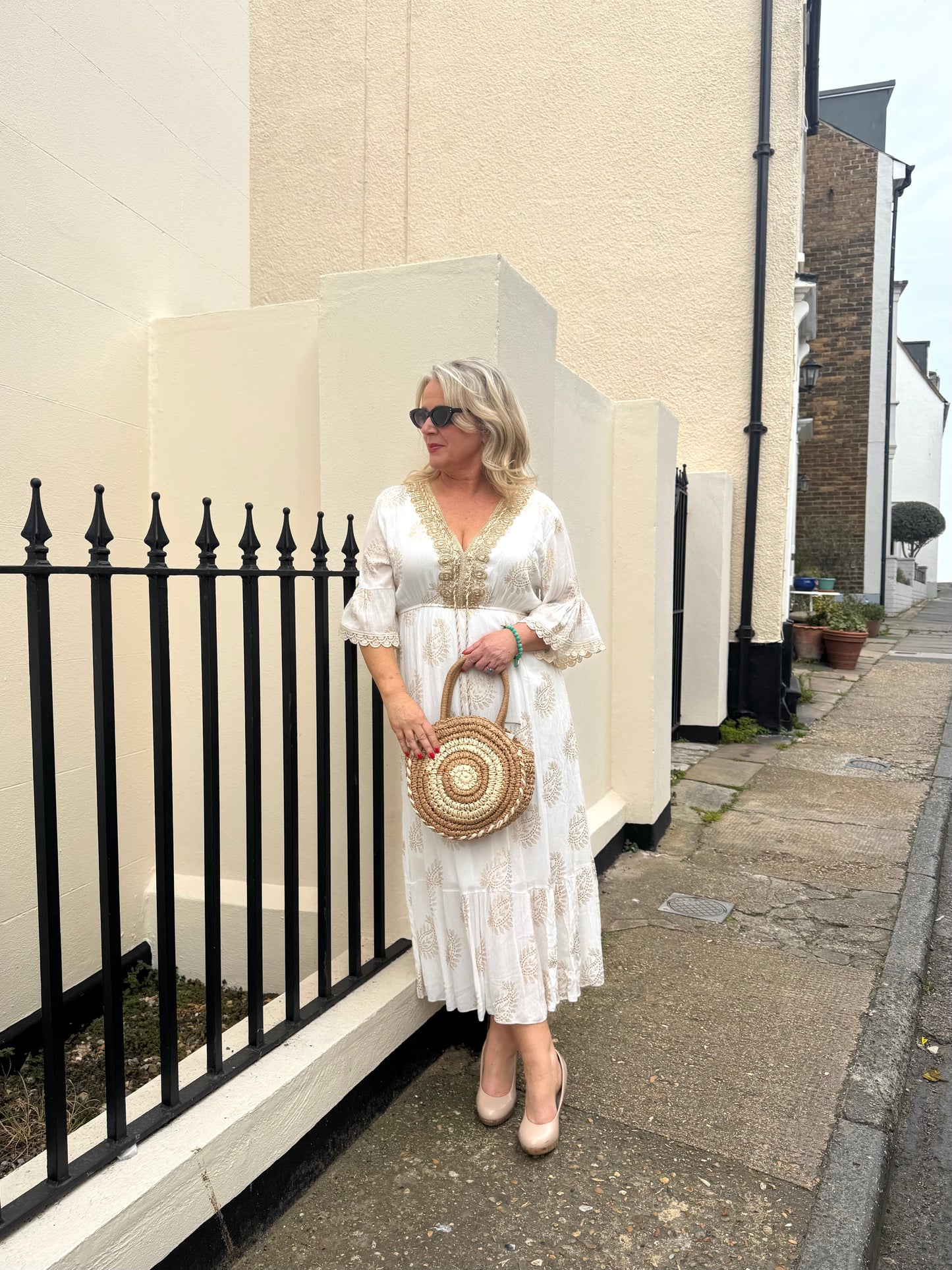 Stella White Crinkle Cotton Dress With Gold Boho Trim