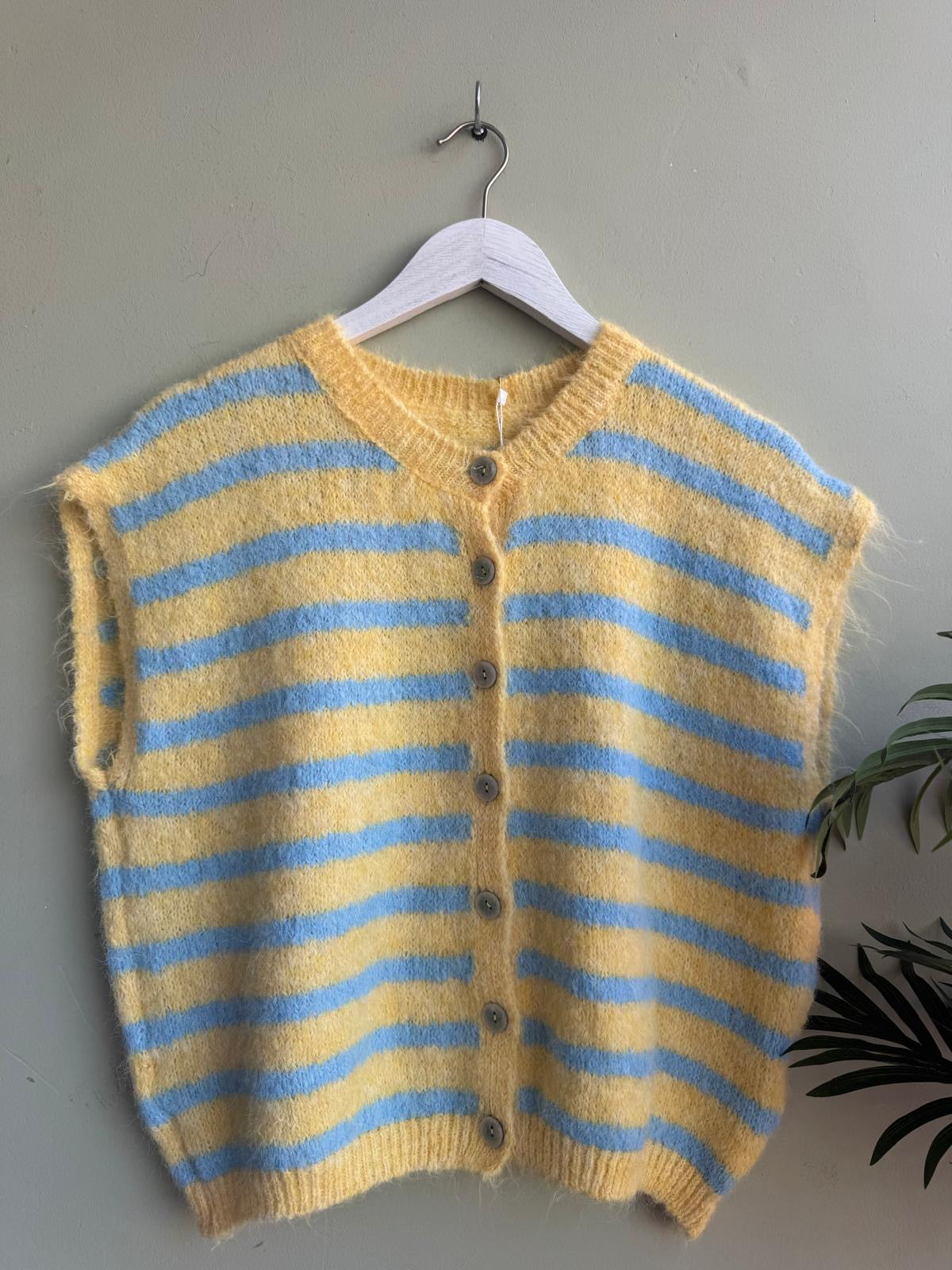 Joy Fluffy Knit Striped Waistcoat - Lemon Yellow & Sky Blue