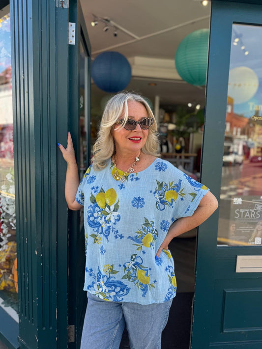 Elena Lemon Print Cotton Top