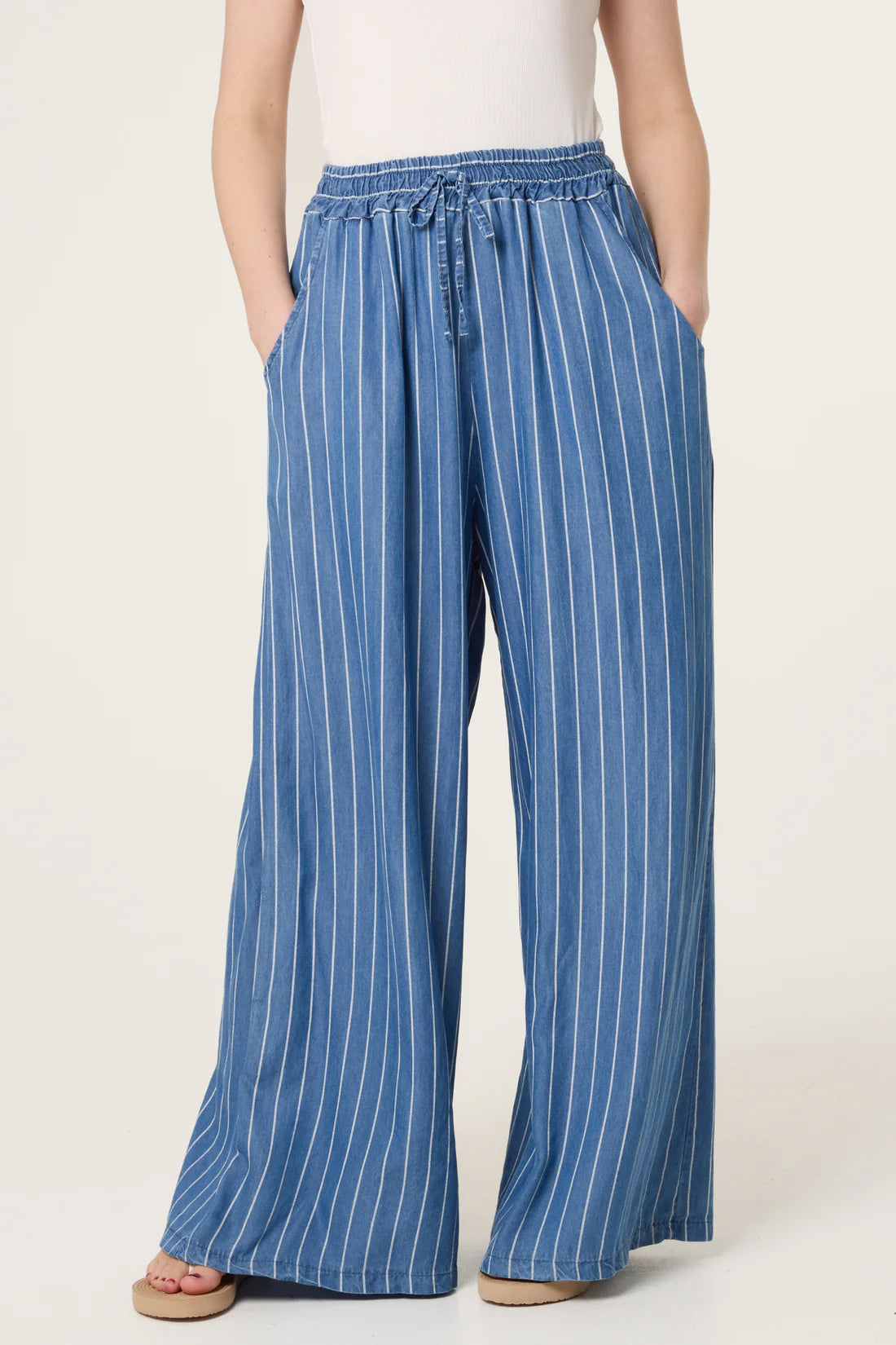 Donna Striped Tencel Wide Leg Trousers - Medium Denim