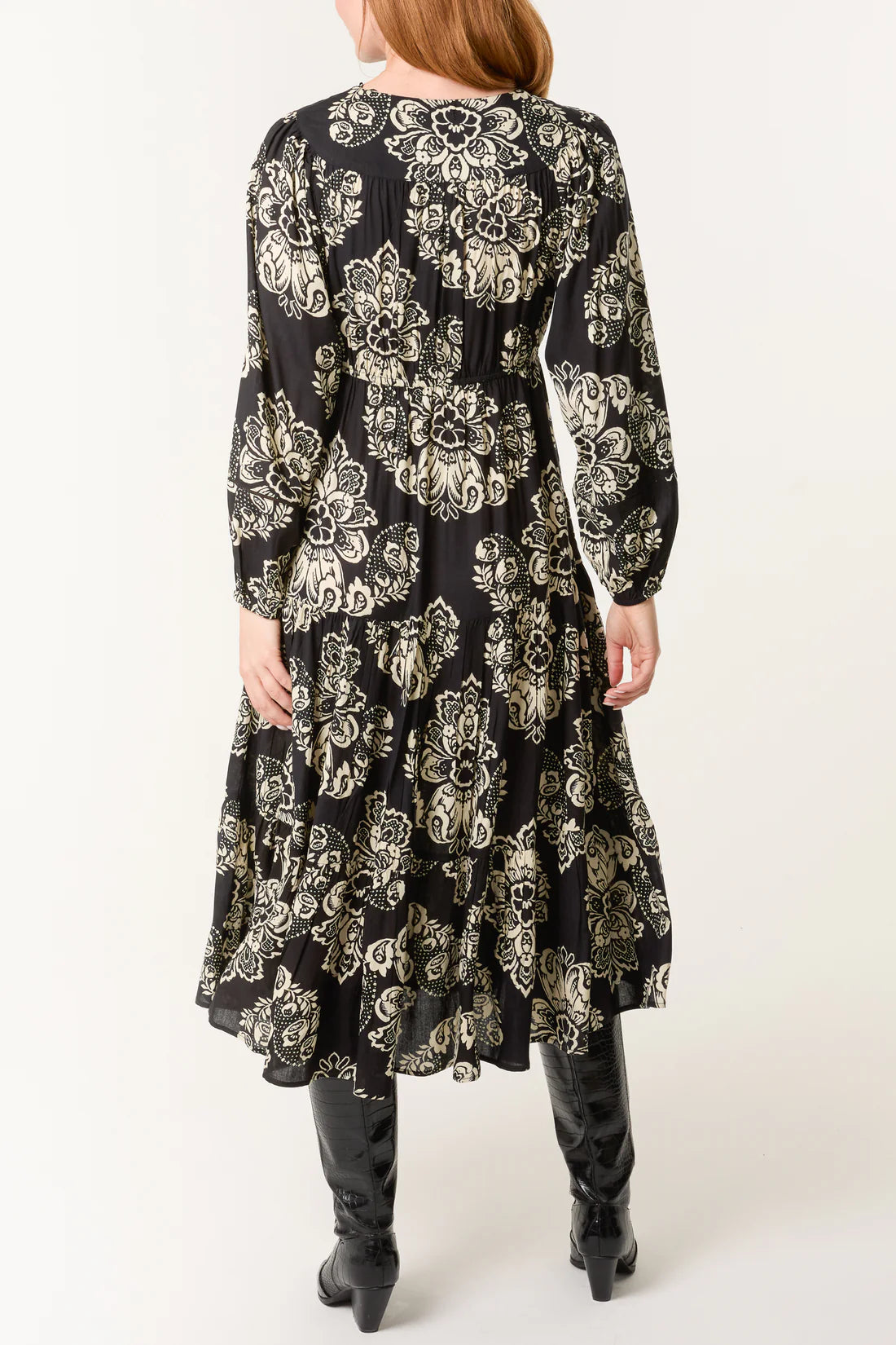 Chloe Empire Line Long Sleeve Midi Dress - Black Or Burgundy Floral Print