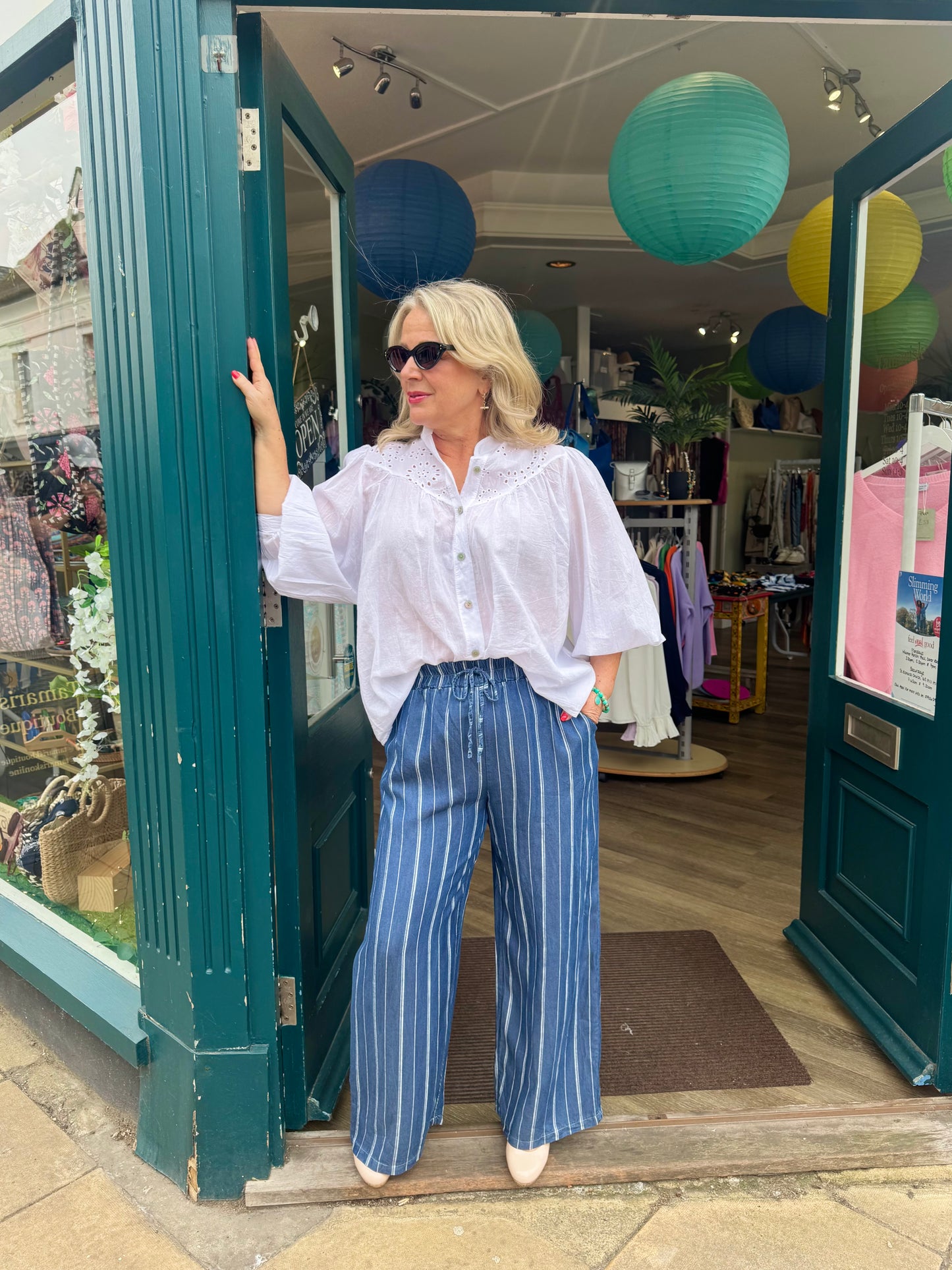 Donna Striped Tencel Wide Leg Trousers - Medium Denim