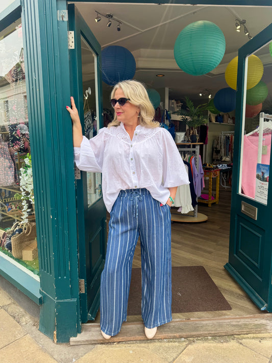 Donna Striped Tencel Wide Leg Trousers - Medium Denim