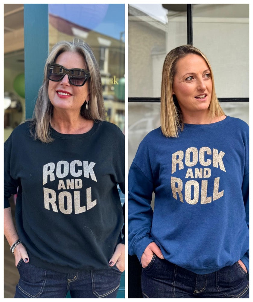 Rock & Roll Glitter Graphic Sweatshirt - Denim Blue Or Black