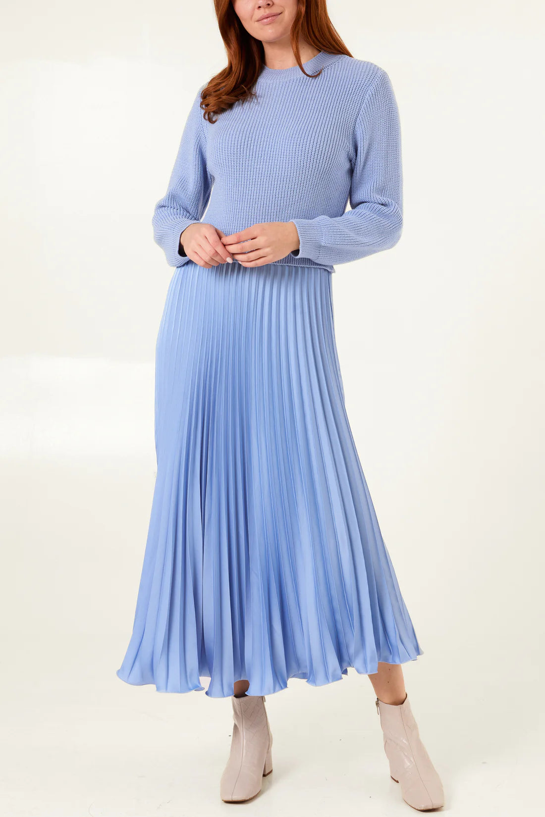 pale blue pleated skirt jumper dress 