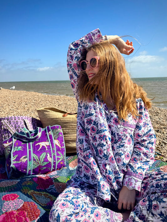 Tamarisk Bazaar Hand Block Printed Indian Cotton Pyjamas - Blue, White & Pink Floral