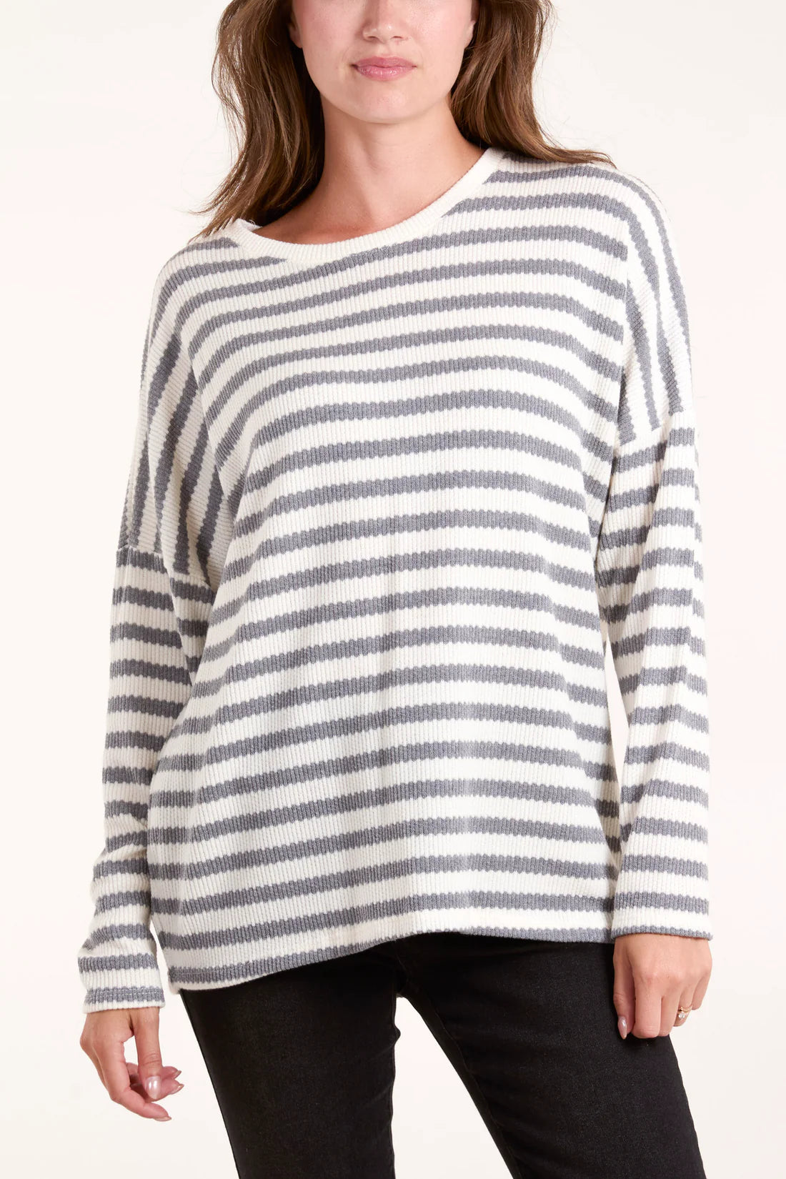 Bronwen Striped Soft Fine Knit Top - Latte Or Grey Striped