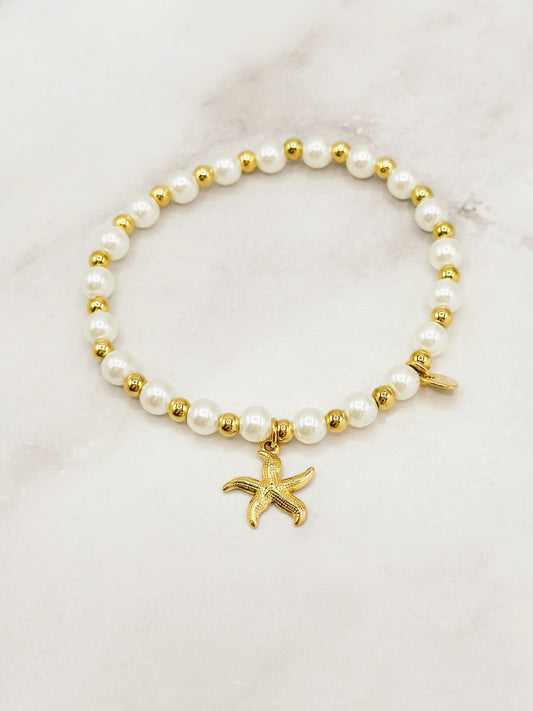 Pearl & Gold Bead Starfish Charm Stretch Bracelet