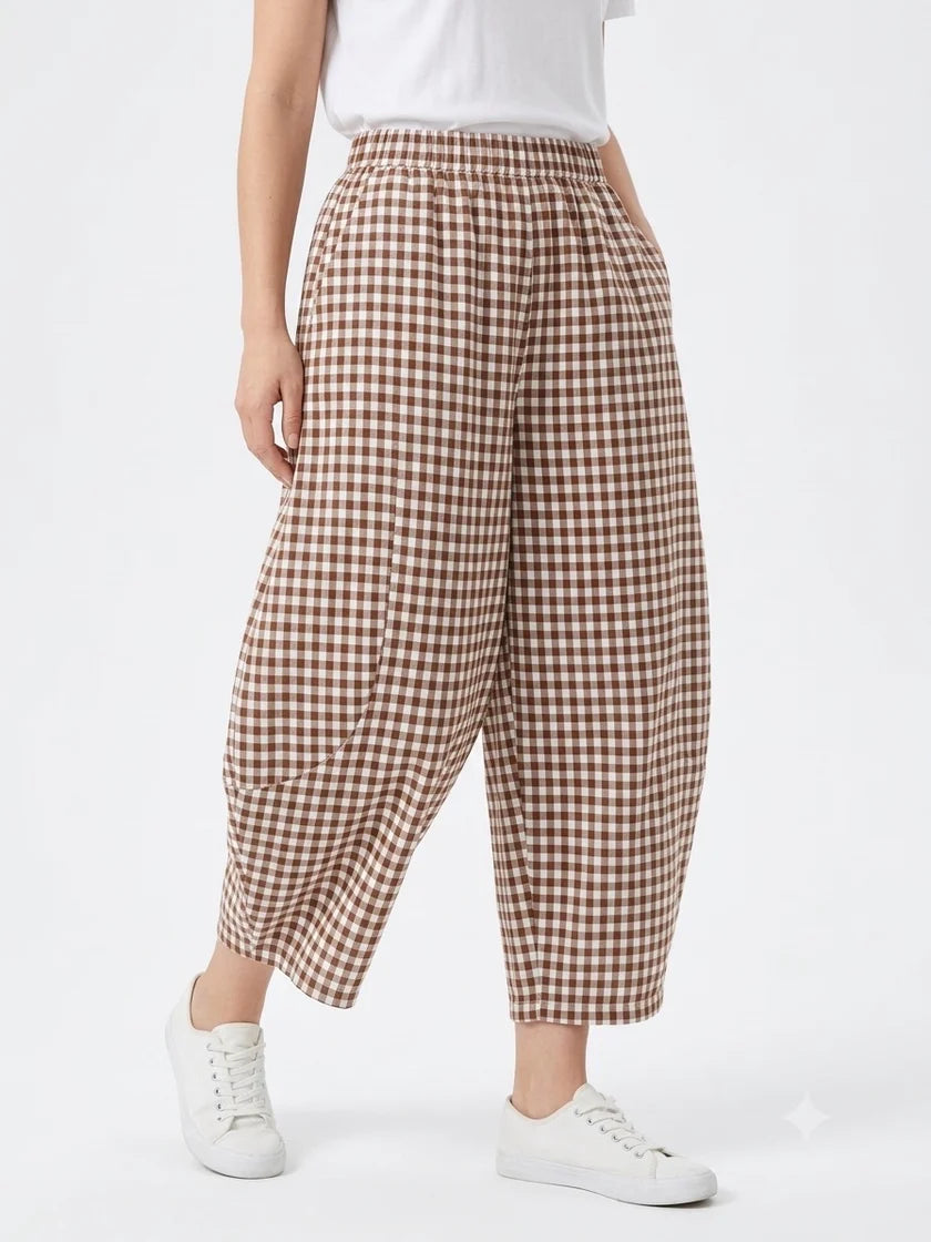 Jessie Gingham Pull-On Barrel Trousers