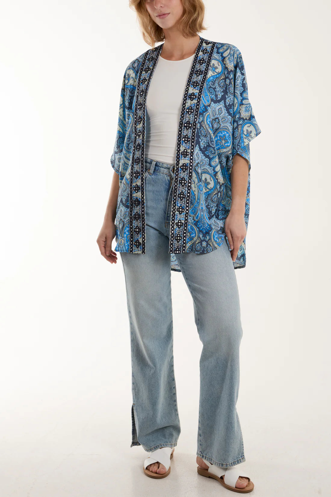 Hannah Faux Silk Mirror Trim Boho Kimono - Blue Paisley