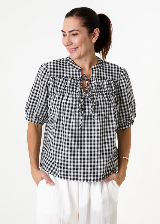 Aggie Gingham Tie Neck Short Sleeve Blouse - Black Or Blue