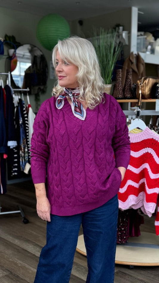 Sylvia V Neck Cable Knit Jumper - Magenta Purple