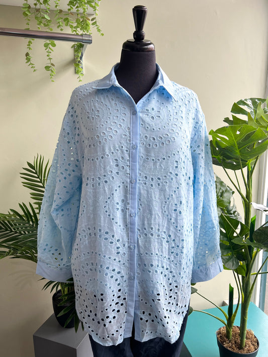 Delphie Lined Broiderie Anglaise Shirt - Powder Pastel Blue