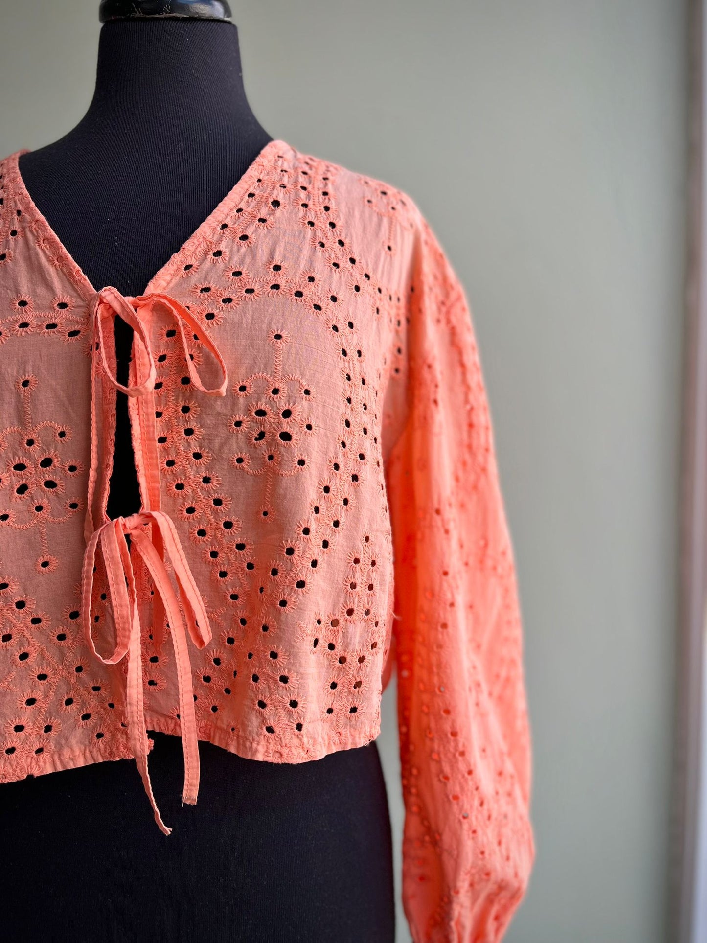 Kathleen Broiderie Anglais Long Sleeve Tie Front Blouse Top - White, Light Orange, Pastel Blue Or Pink