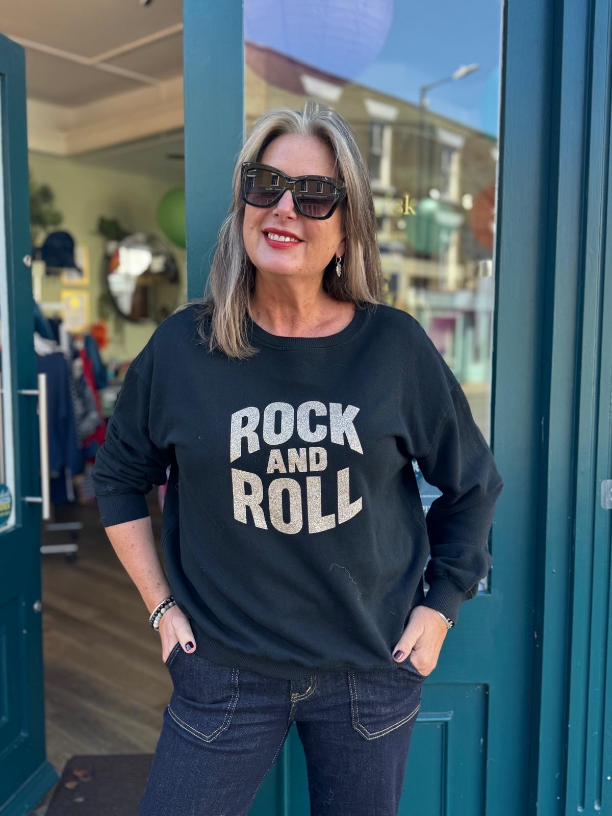 Rock & Roll Glitter Graphic Sweatshirt - Denim Blue Or Black