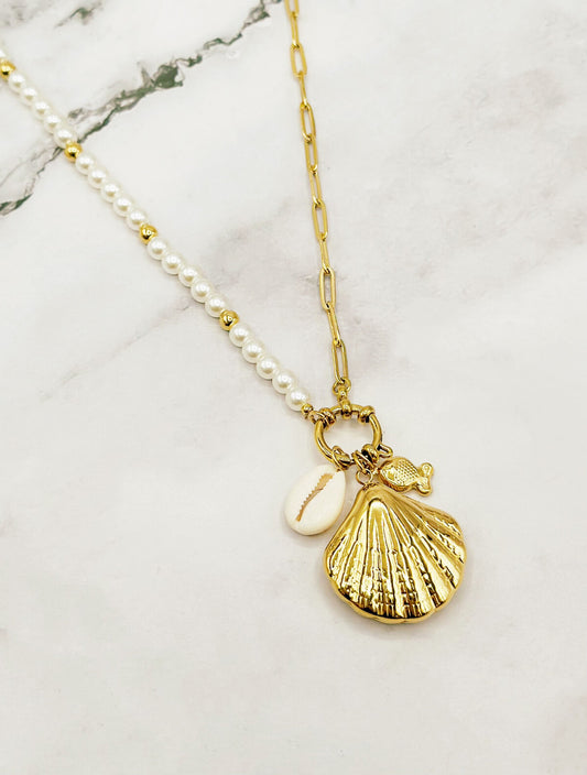 Pearl & Gold Chain Short Necklace With Shell & Fish Charms