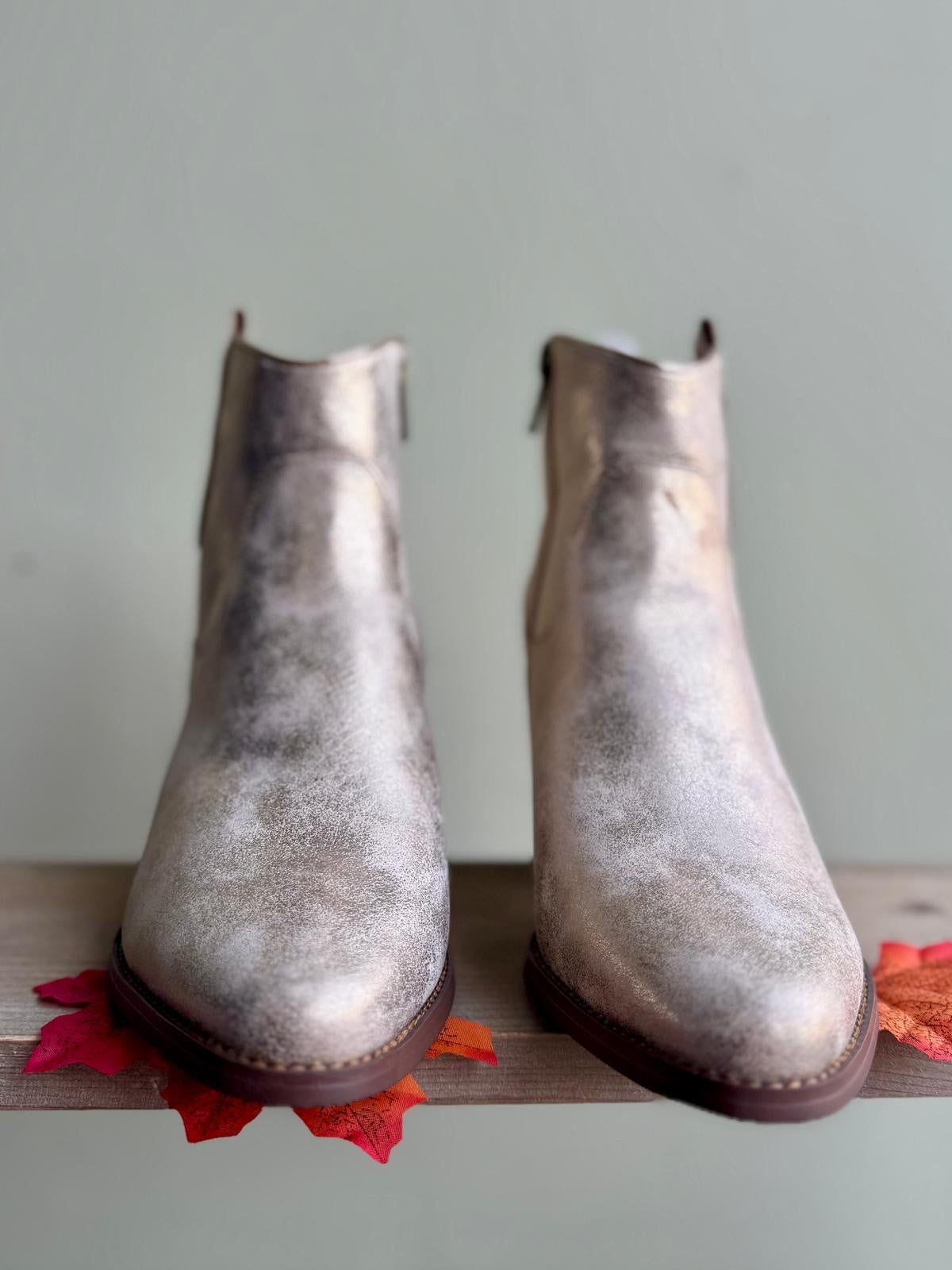 Matte Antiqued Gold Cowboy Ankle Boots