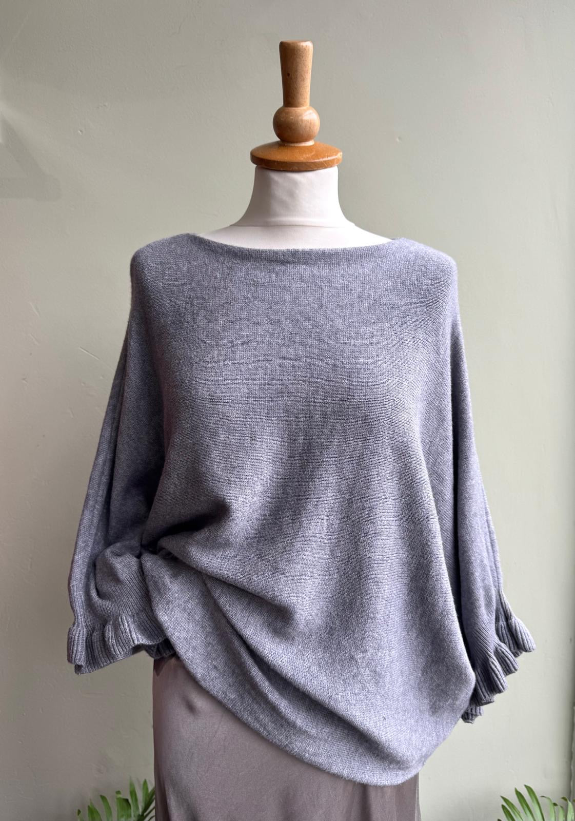 grey Frill Cuff Batwing Sleeve Jumper