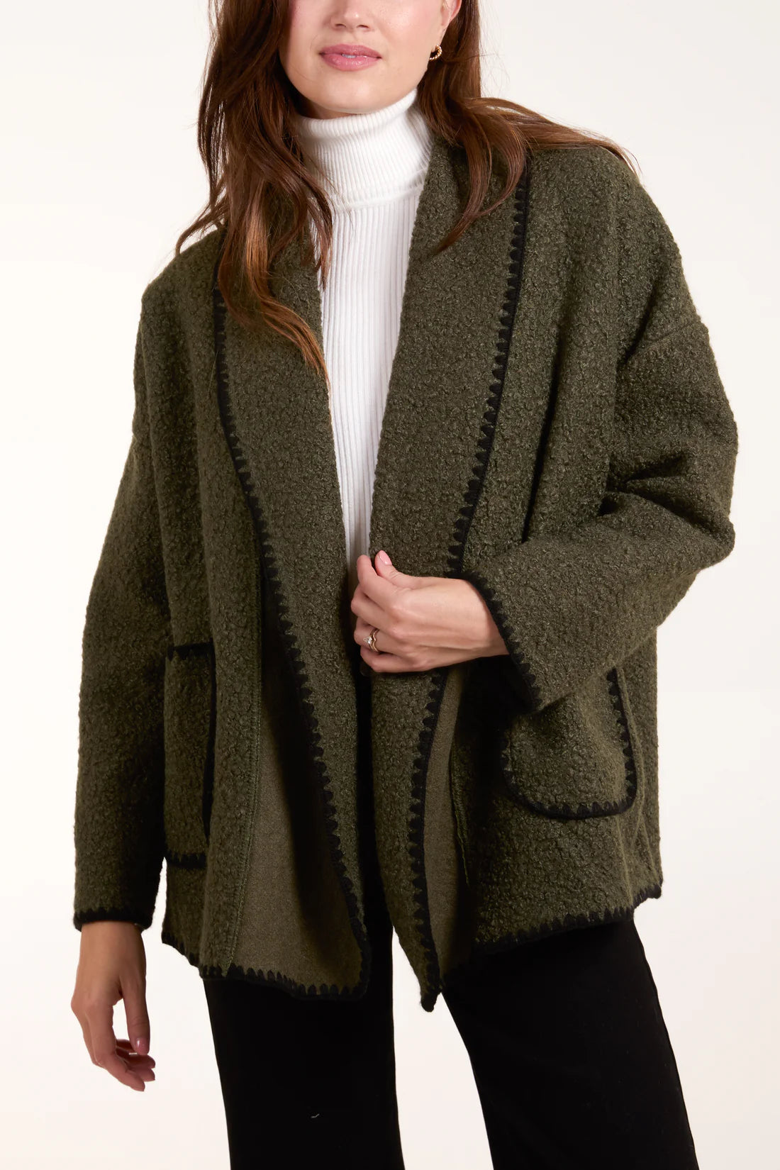 Freya Blanket Stitch Lightweight Boucle Fleece Jacket - Khaki