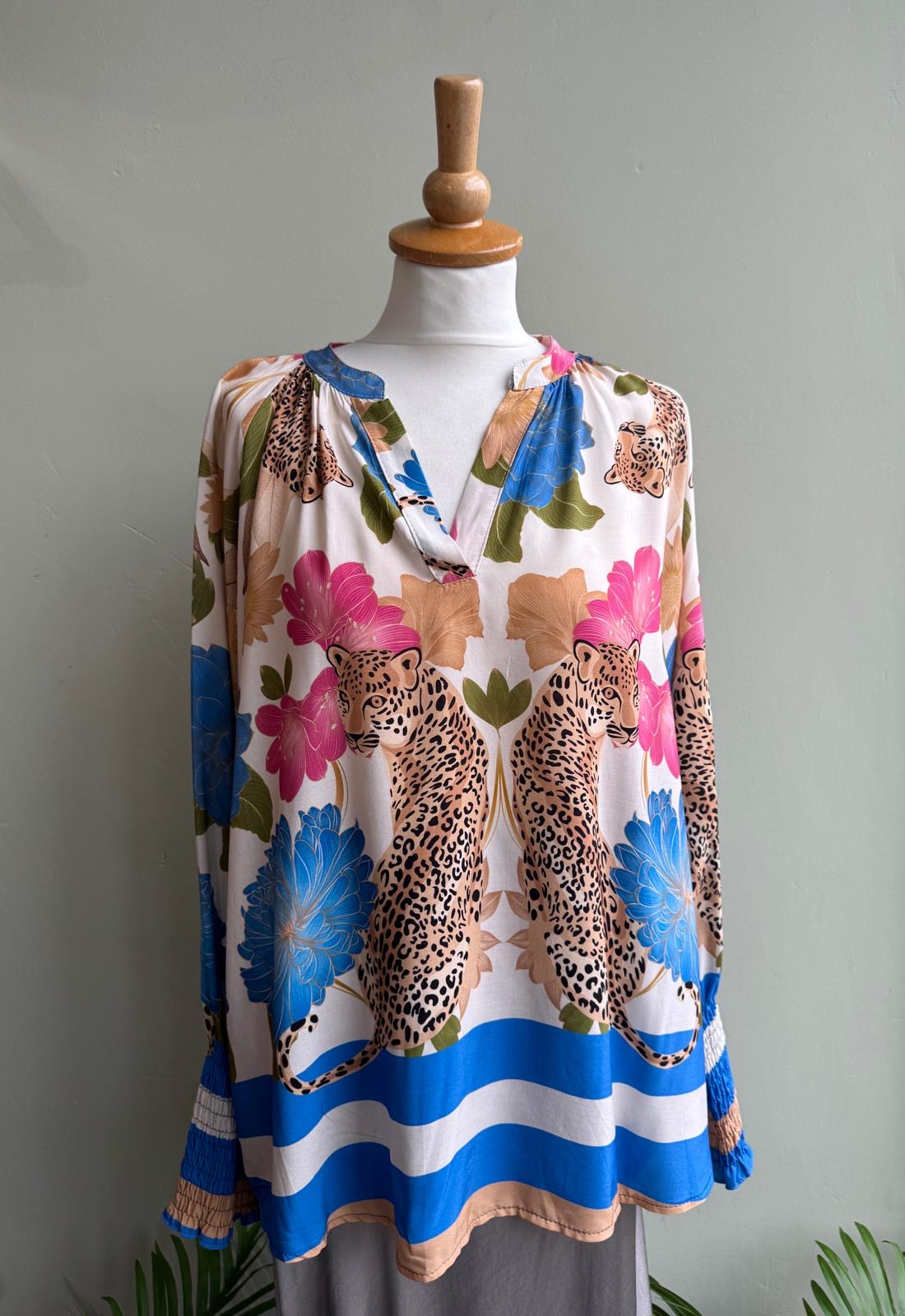 Leopard & Floral Print Blouse With Deep Shirred Cuffs blue 