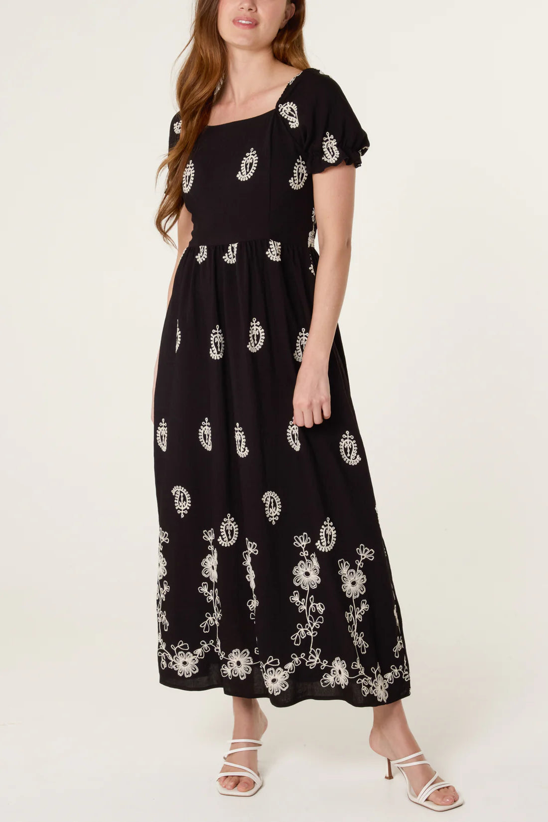Rosa Black Embroidered Midi Dress