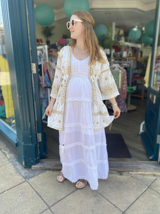 Darcie Boho Embroidered Kimono - Ecru & Gold