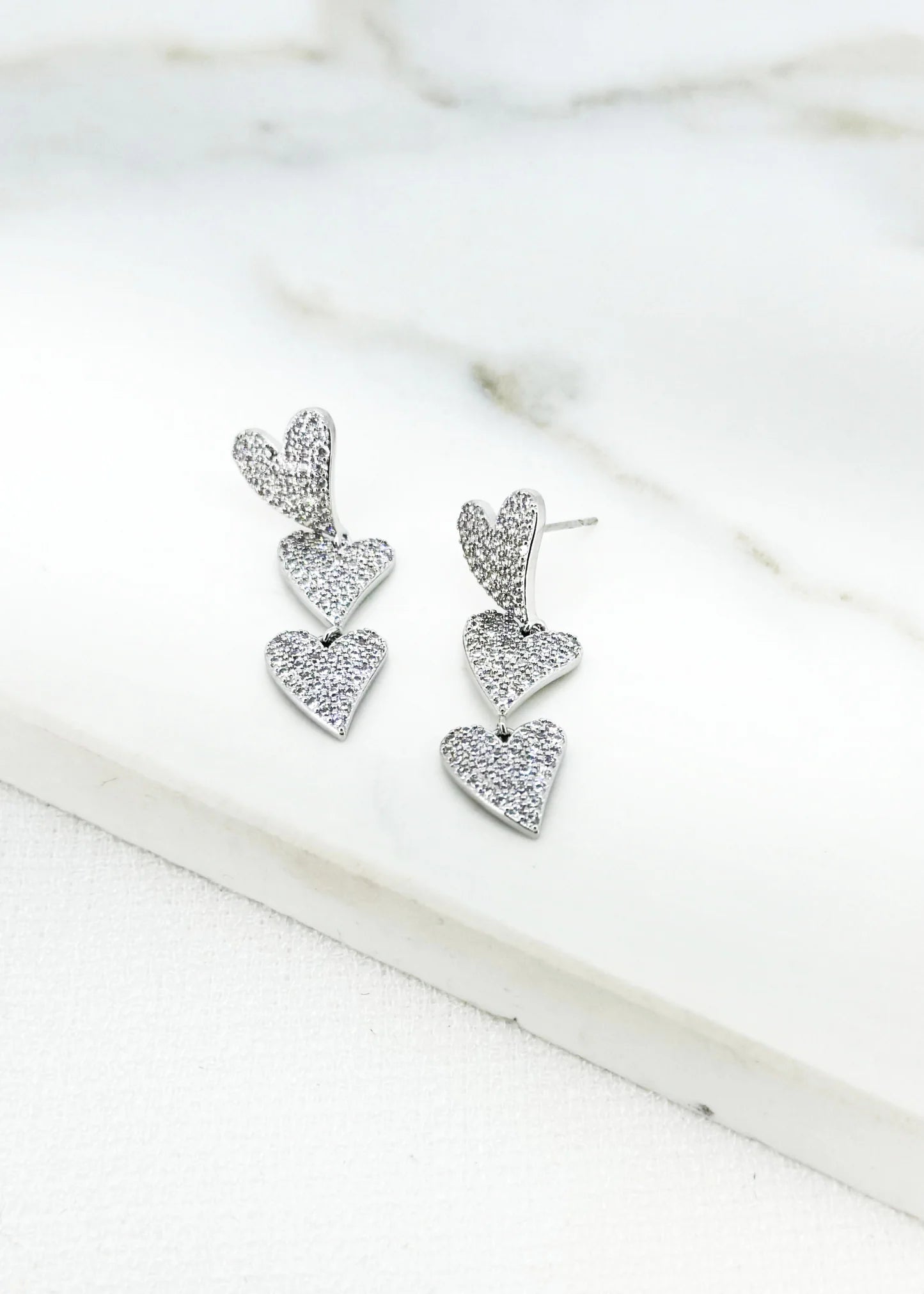 Envy Jewellery Triple Tier Organic Heart Shaped Diamanté Earrings- Gold Or Silver Tones