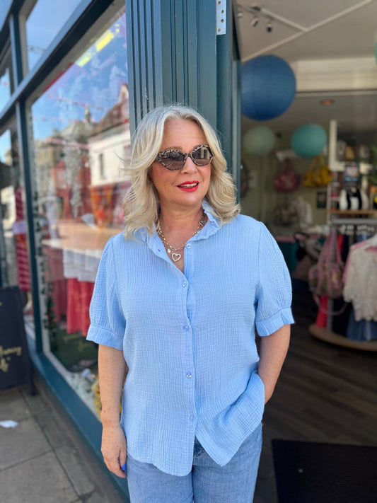 Emily Cotton Cheesecloth Short Sleeved Blouse With Piecrust Collar