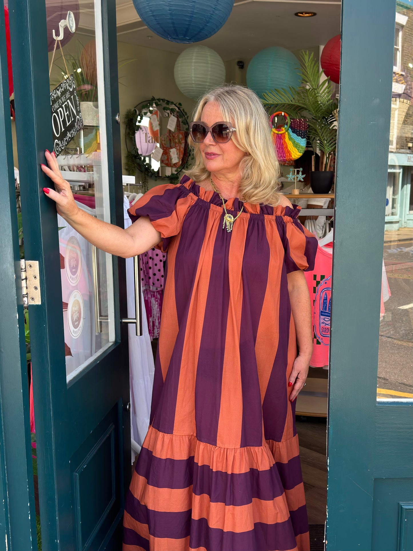 Saffron Oversized Striped Bardot Maxi Dress