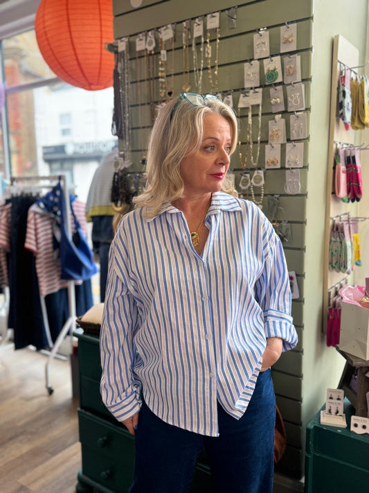 Maria Textured Cotton Classic Striped Shirt - Blue & White