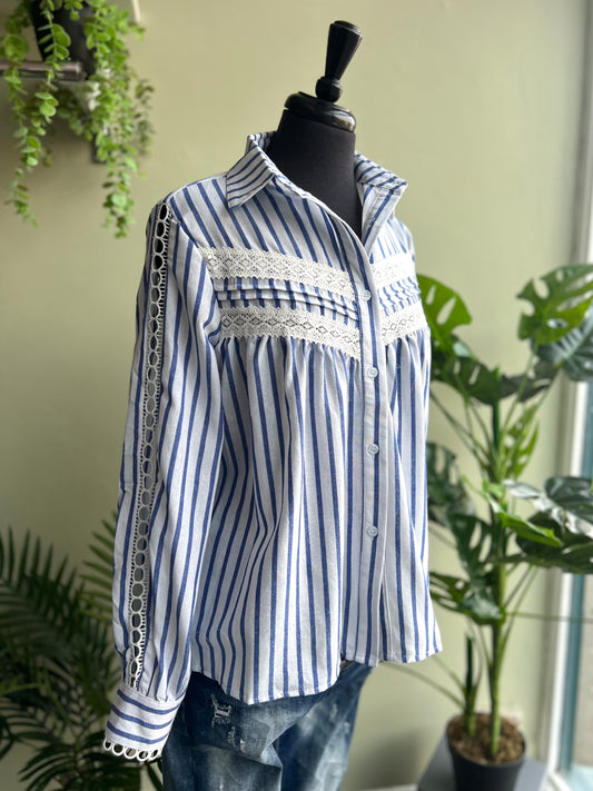Judi Blue & White Striped Lace Trim Shirt