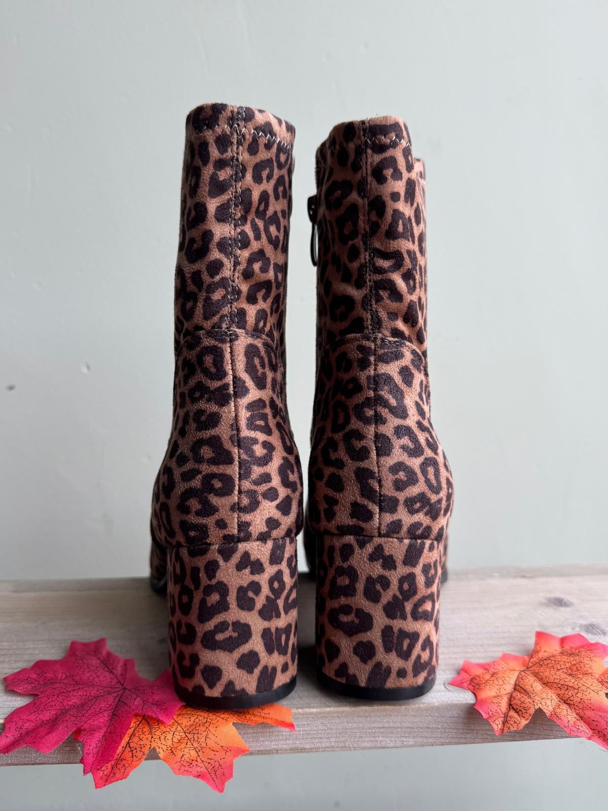 Leopard Print Block Heel Faux Suede Ankle Boots