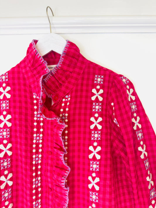 Janey Pink & Red Gingham Seersucker Shirt With Piecrust Collar, Frill Trim & Embroidery Details