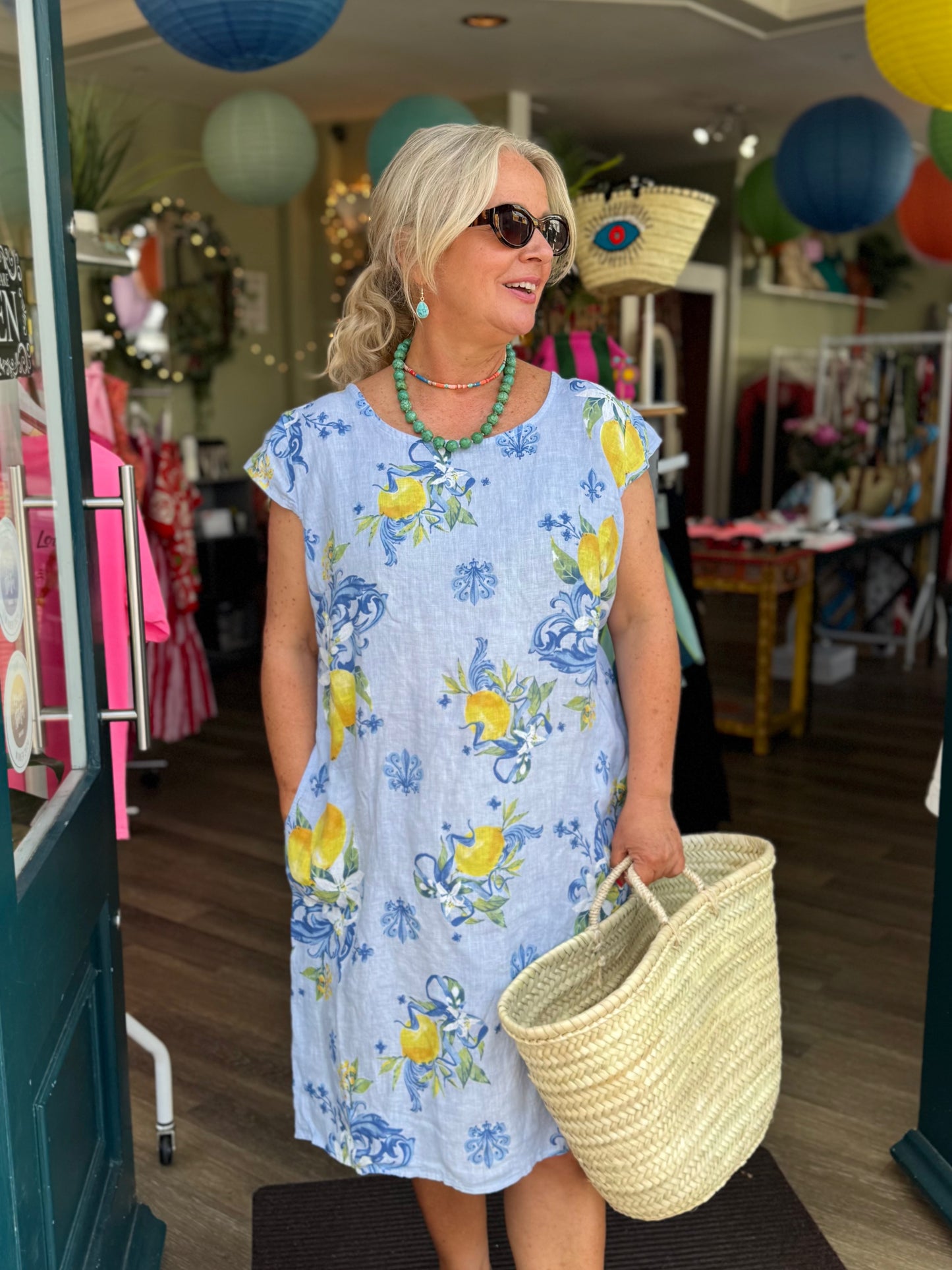 Lemon Print Linen Midi Dress