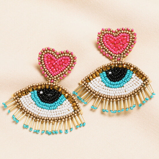 Heart & Eye Beaded Felt Statement Earrings