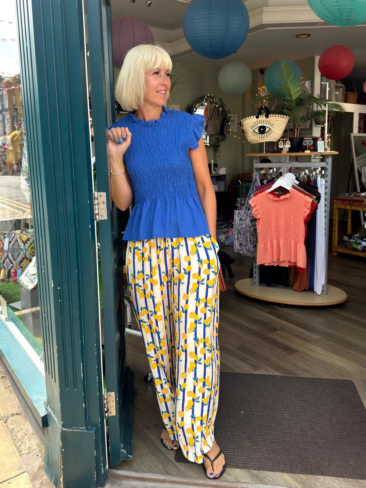 Lemon & Stripe Print Wide Trousers