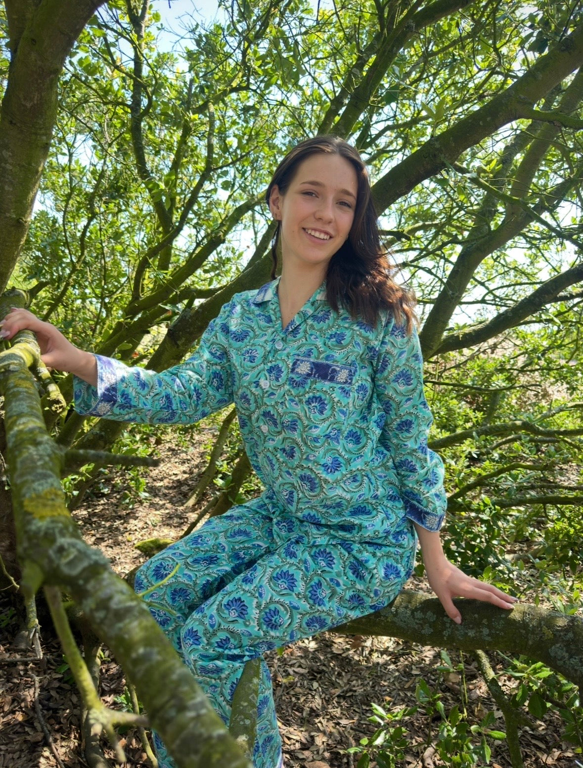 Tamarisk Bazaar Luxury Hand Printed Indian Cotton Pyjamas - Blue & Green Floral