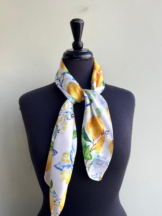 Sorrento Lemon Silky Square Scarf - White, Yellow & Blue