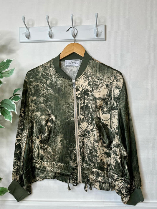 Catherine Satin Khaki & Ivory Tiger Print Bomber Jacket