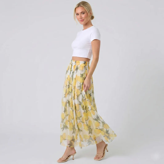 Elena Lemon Print Tulle Maxi Skirt