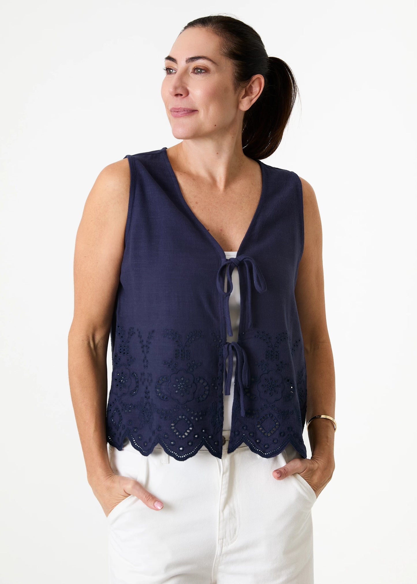 Quinn Broiderie Anglaise Tie Front Waistcoat/ Sleeveless Blouse